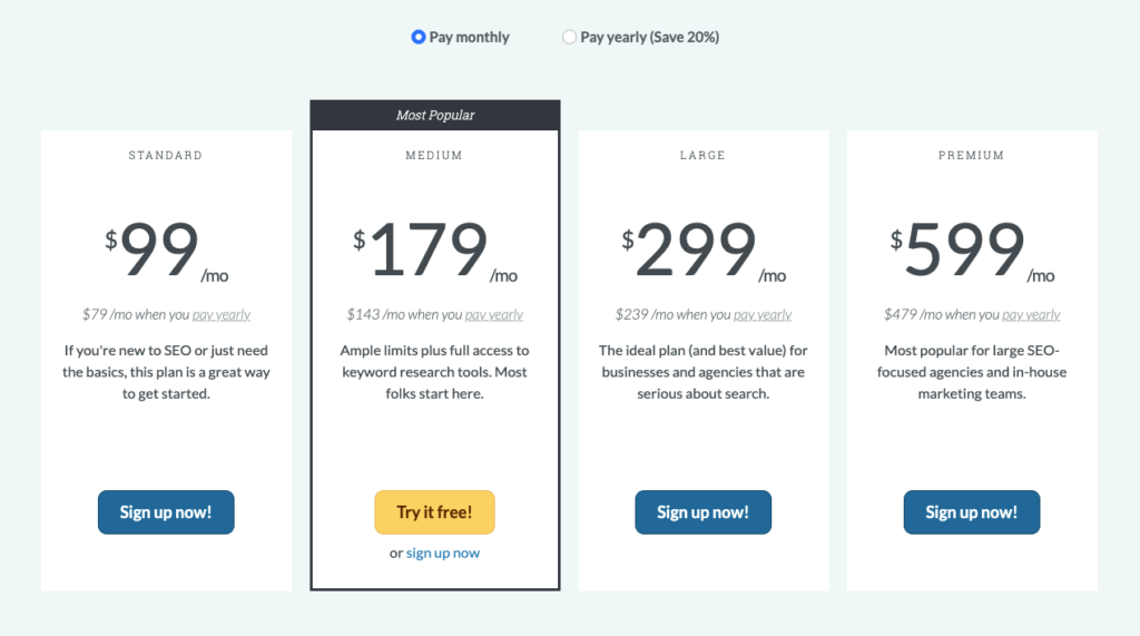 moz seo tool pricing table 